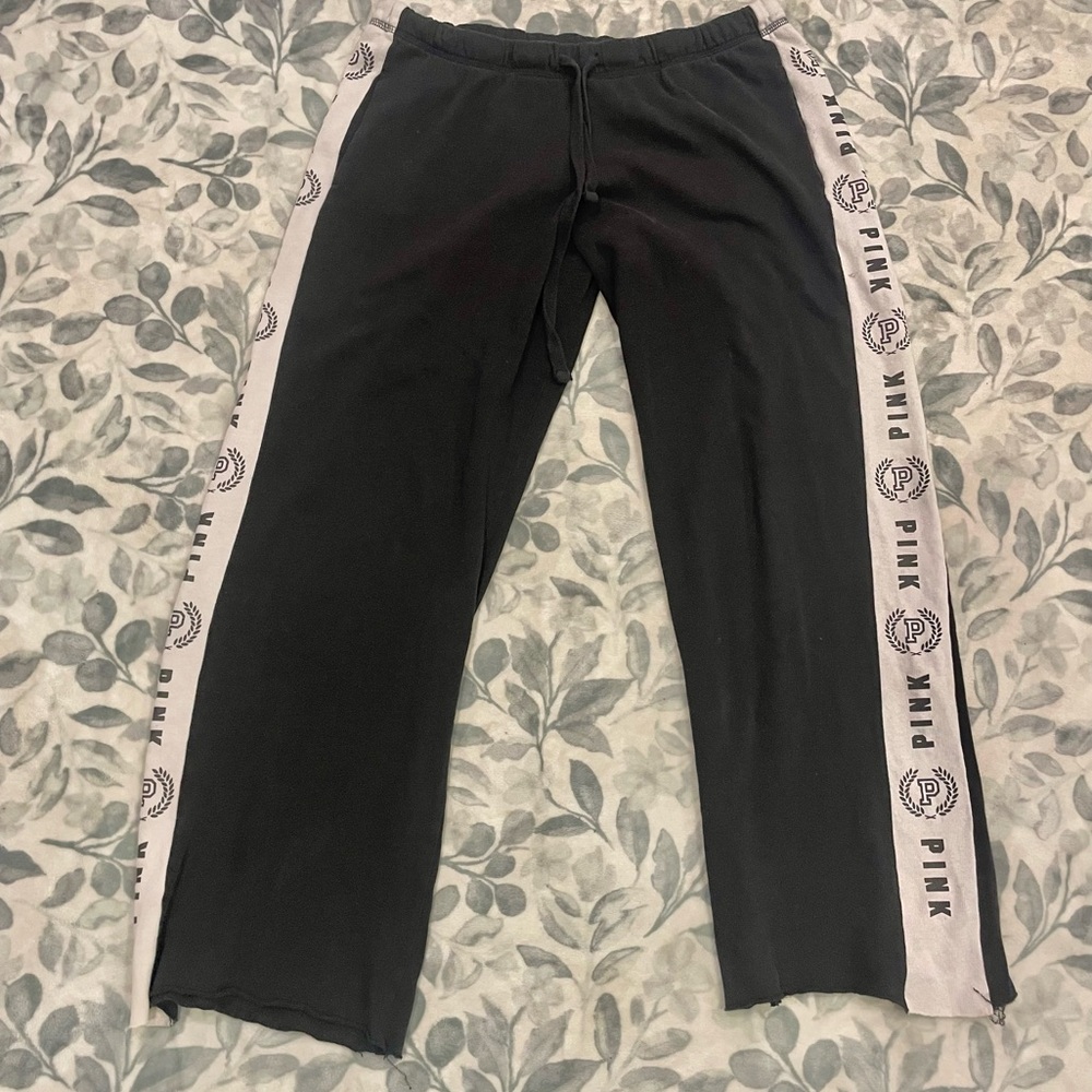 2000s PINK Victoria's Secret Black track pants with White Logo Stripes